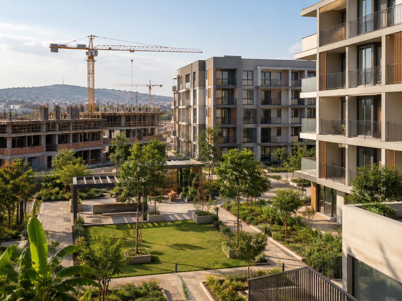 Contemporary residential buildings and an active construction site