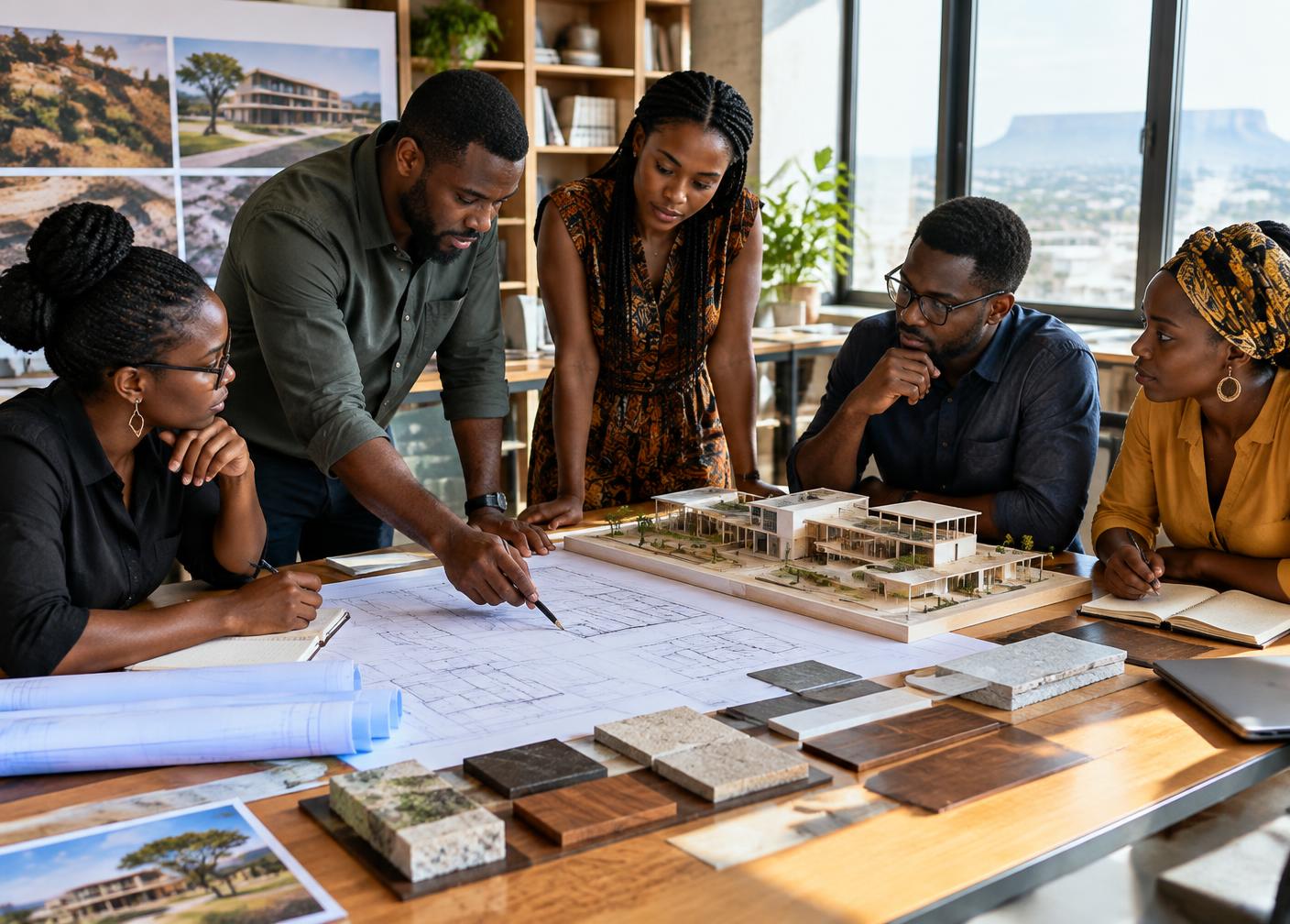Architects and engineers reviewing drawings and a scale model