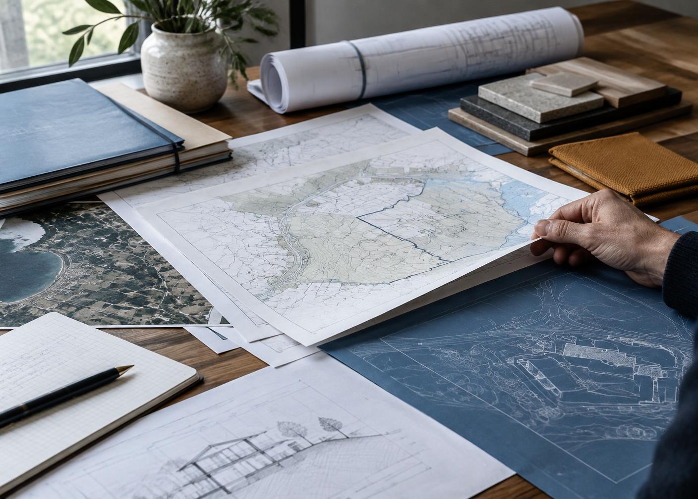 Maps, plans and documents being reviewed on a desk