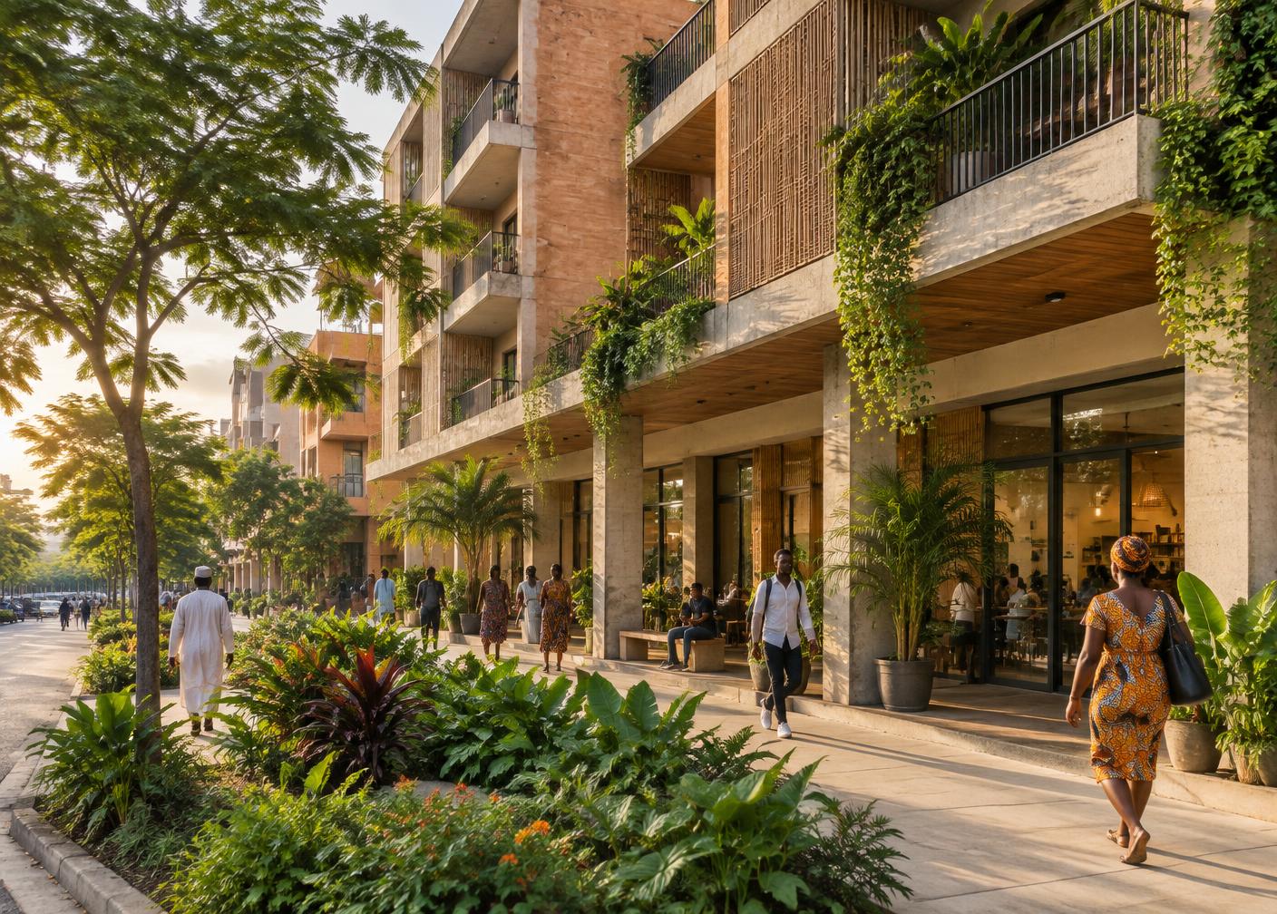 People walking beside a completed landscaped residential development